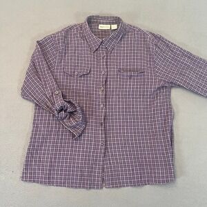 Apparenza Womens XL Button Up Shirt Purple Plaid‎ Check LS Pocket Roll Up Sleeve